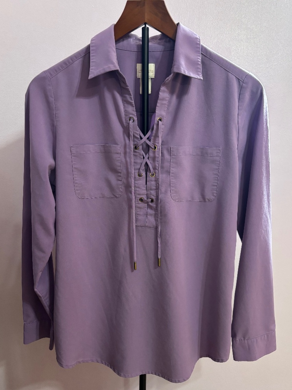 CHICO'S Lavender Lace Up Blouse Soft Stretch Material Long Sleeve Top Size 0 - Picture 1 of 8